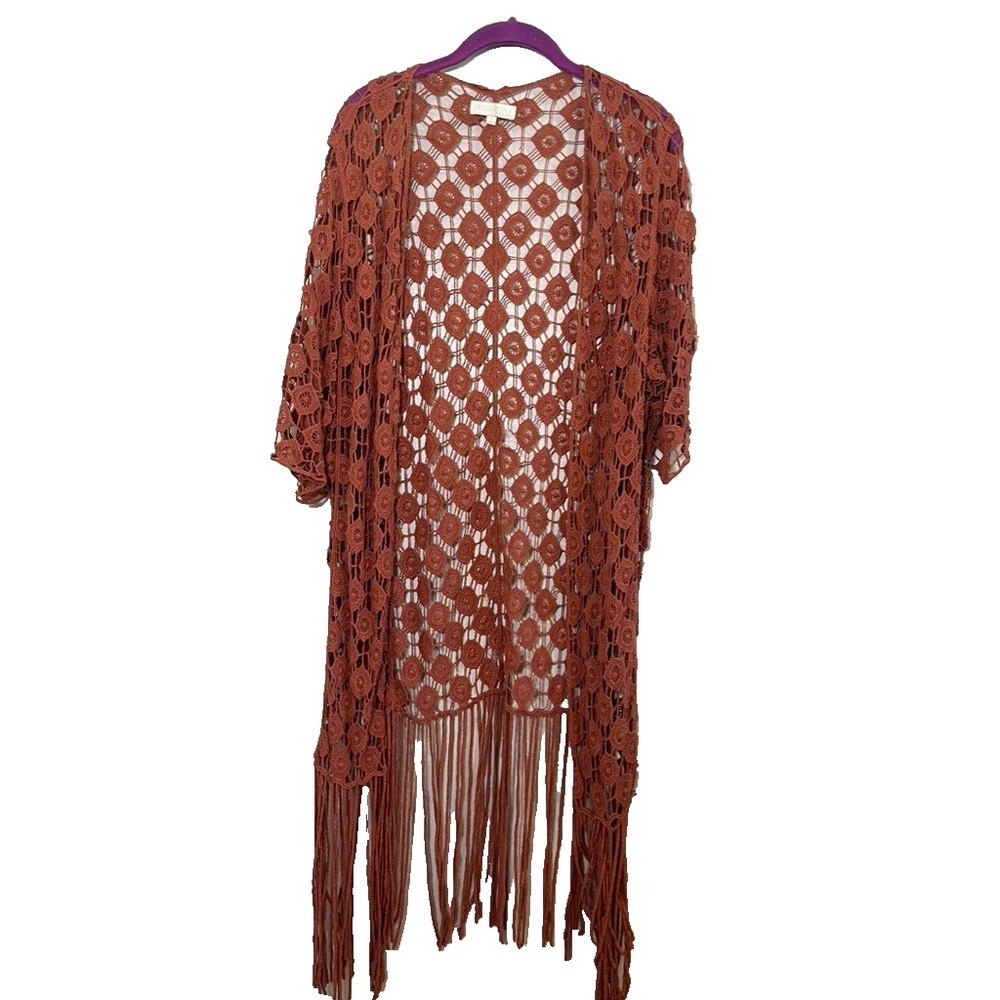Neutral Crochet Open Knit Sweater Cardigan Fringe S Boho Indie Festival Hippie